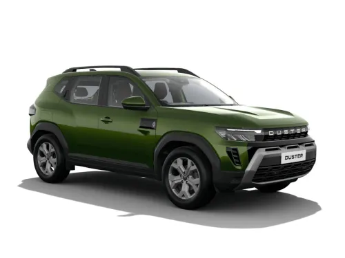 Profile view of the Renault Duster Techno variant in Mountain Jade Green with signature alloy wheels and black cladding.
